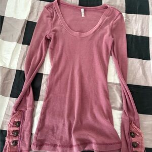 Free People Mauve Long Sleeve Waffle Weave Top